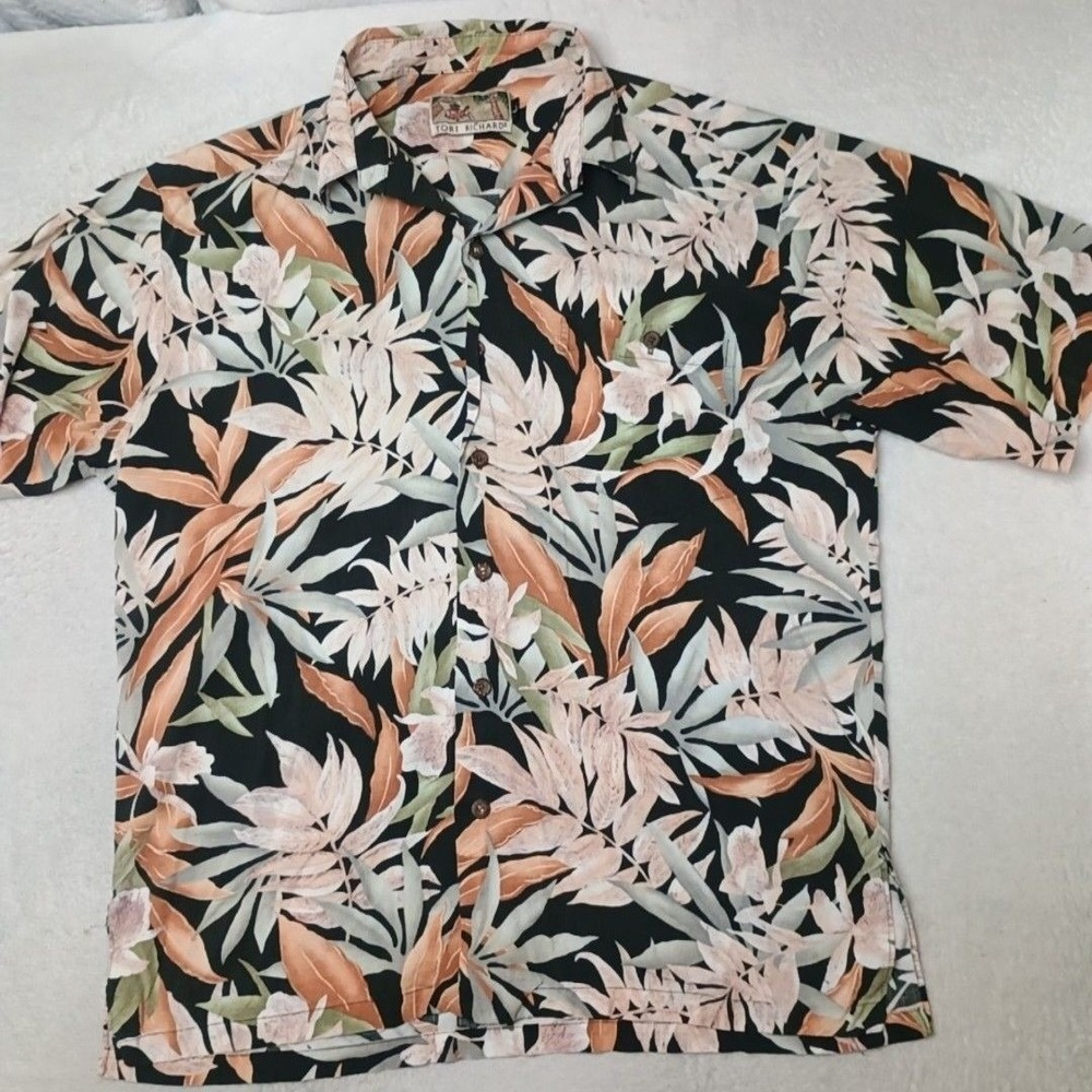 Vintage Tori Richard Shirt Mens L Black Floral Button-Up Y2K Rayon Cotton USA